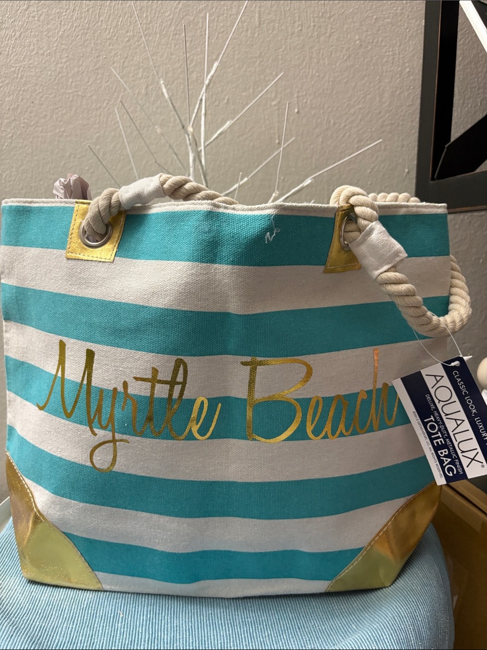 Aqualux Myrtle Beach Striped Tote Bag in Teal and White